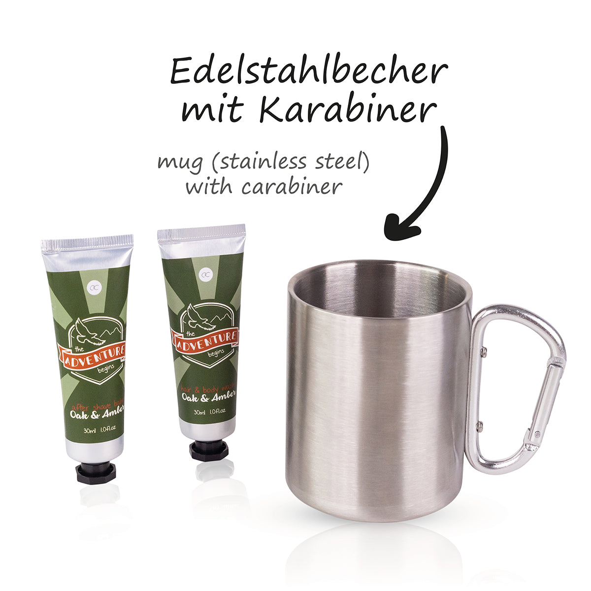 Edelstahl-Becher mit Karabiner-Griff für Outdoor-Abenteuer, Duft Oak & Amber