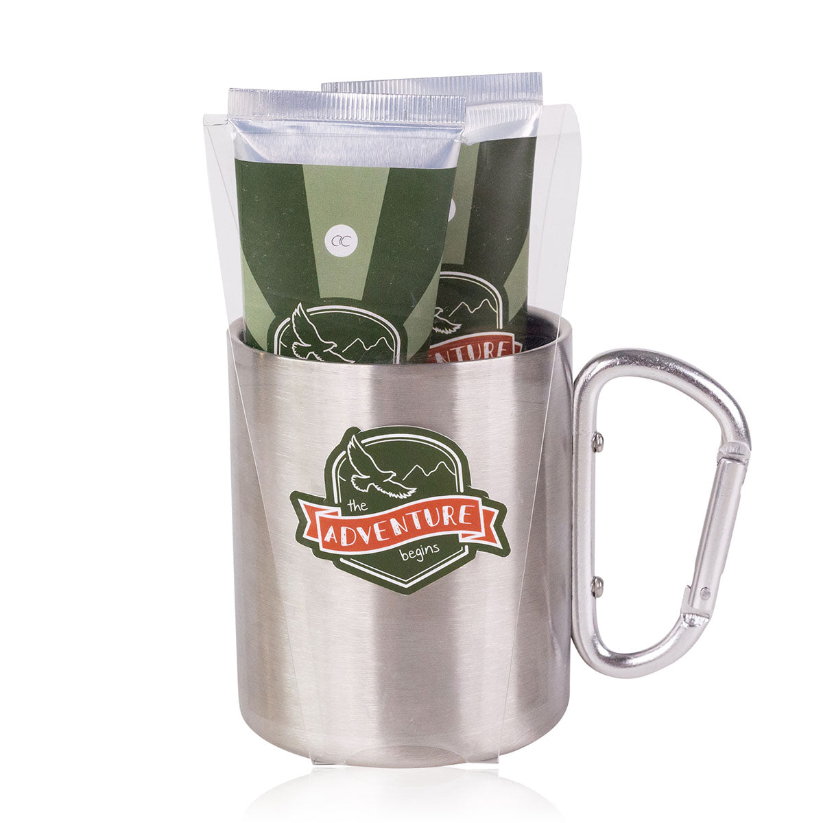 Badeset ADVENTURE COLLECTION in silber-grünem Edelstahl-Becher mit Karabiner-Griff, 350ml