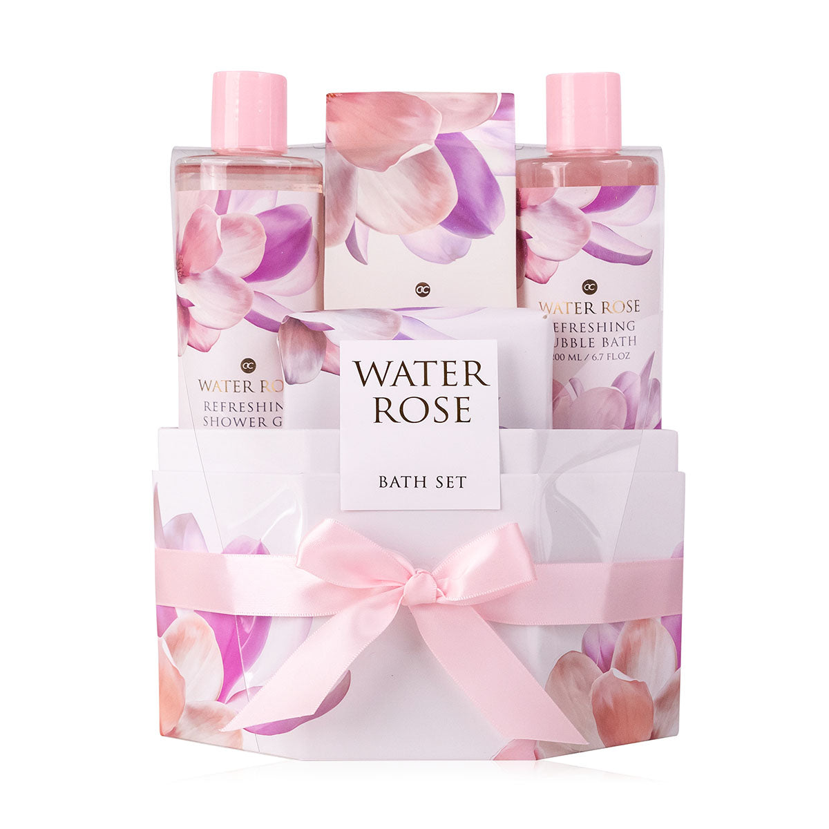 Badeset WATER ROSE in besonderer Geschenkbox mit Duschgel, Schaumbad, Seife und Badesalz weiß-rosa