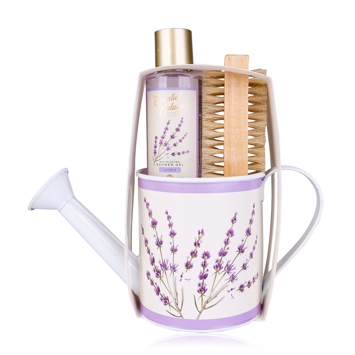 ESSENTIAL BOTANICS Badeset Gesamtansicht dekorative Gießkanne 300ml mit 100ml Lavendel Duschgel
