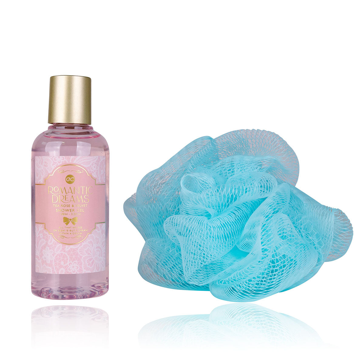 Badeset ROMANTIC DREAMS Detailansicht Kosmetiktasche mit Duschgel und 15g Netzschwamm