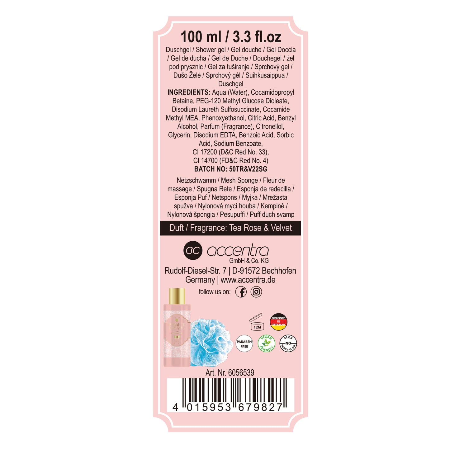 Badeset ROMANTIC DREAMS Rückseite mit Produktinformationen und Inhaltsstoffen