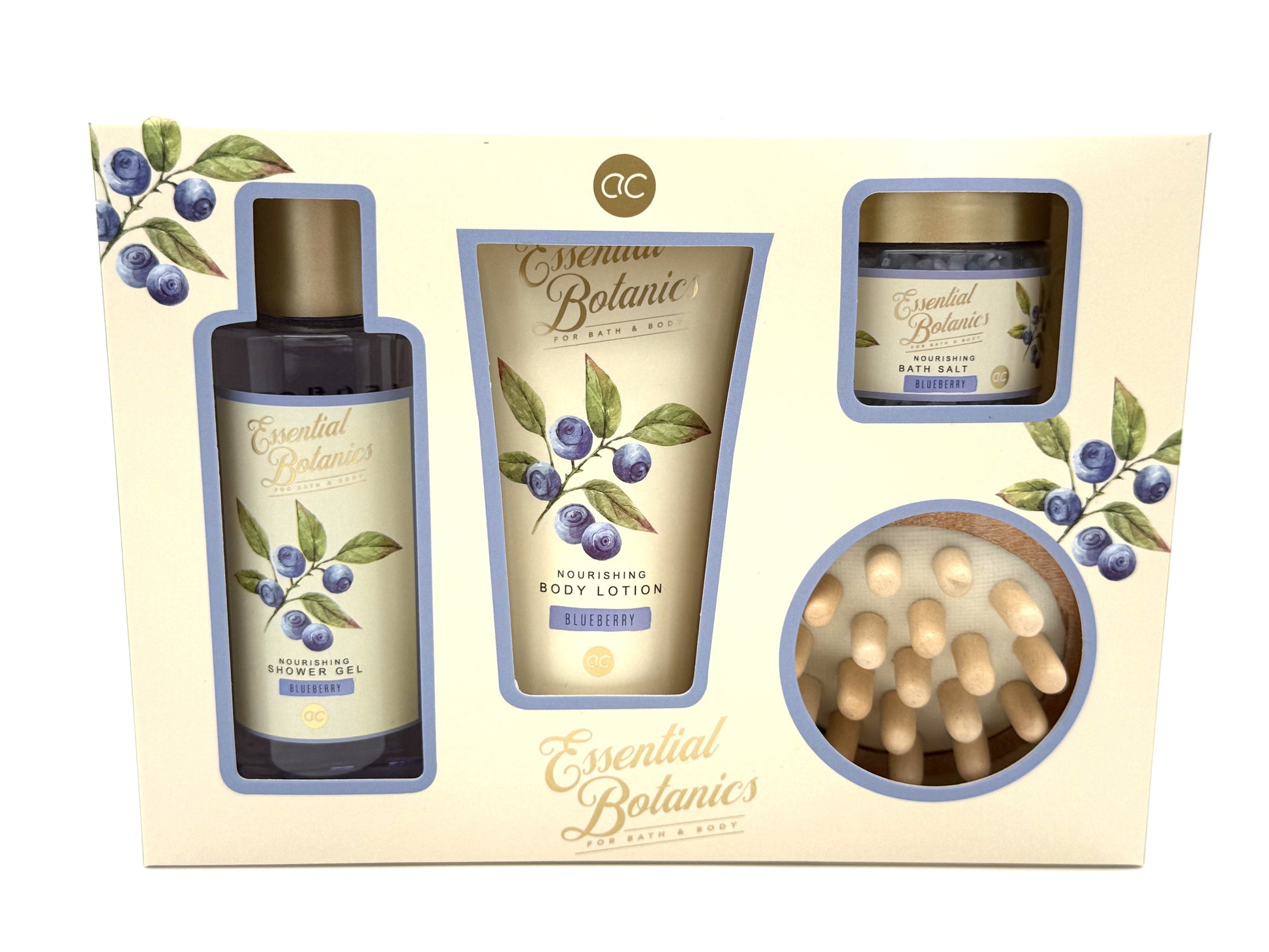 Essential Botanics Badeset Inhalt Massagebürste Duschgel Bodylotion