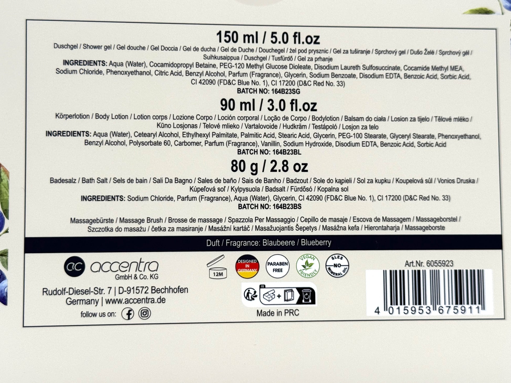 Essential Botanics Fruits Badeset Rückseite mit Produktinformationen und Inhaltsstoffen