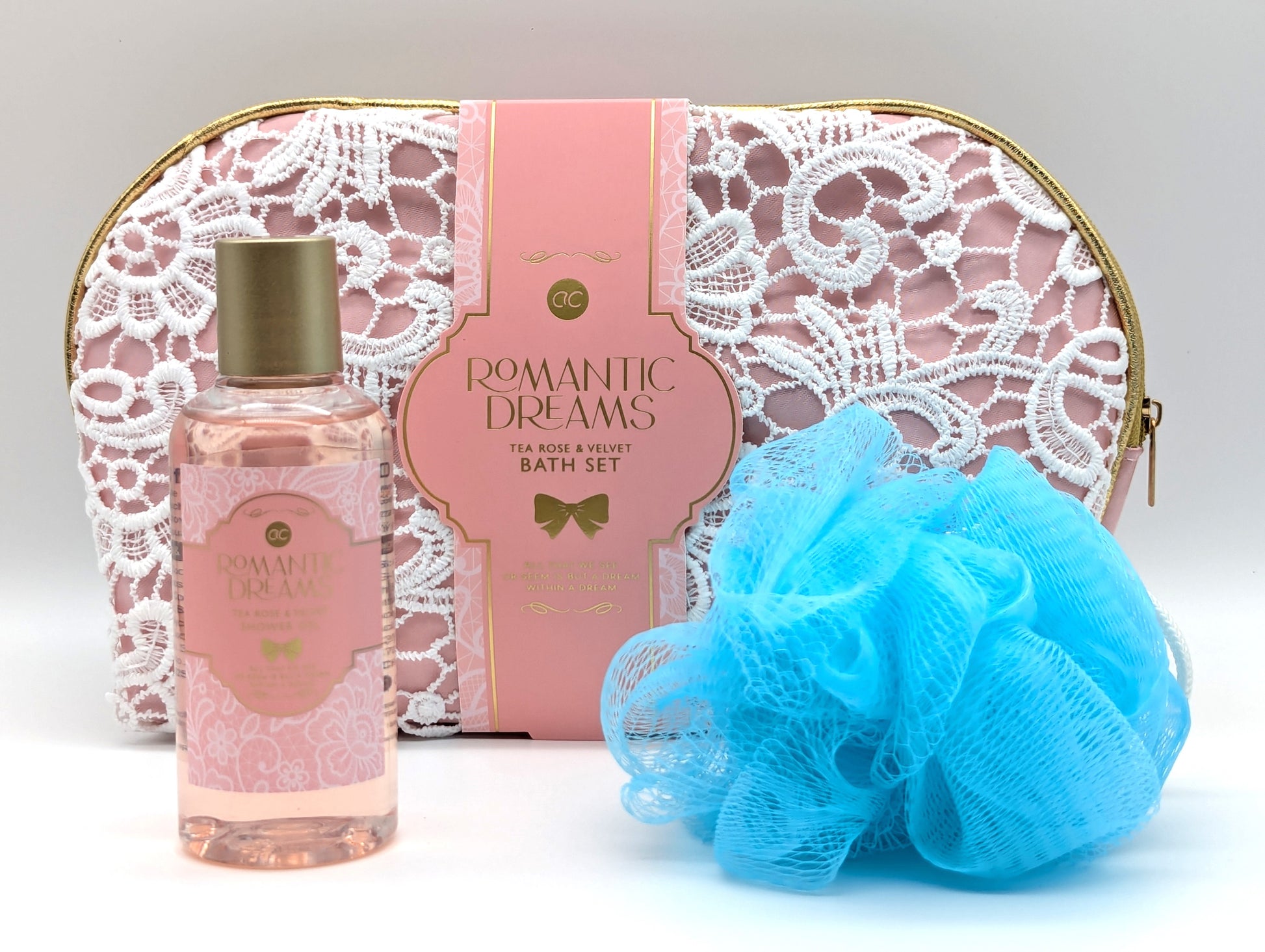 Badeset ROMANTIC DREAMS in rosa-hellblau-goldener Kosmetiktasche mit Duschgel und Netzschwamm 